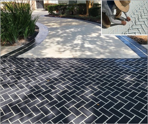 a custom herringbone pattern with a stencil in dark gray makes this driveway look spectacular