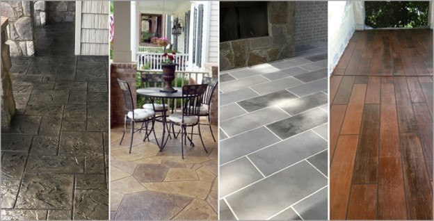 Four versions of a concrete floor with flagstone finish, hand carved stone, custom stained to look like wood and tile