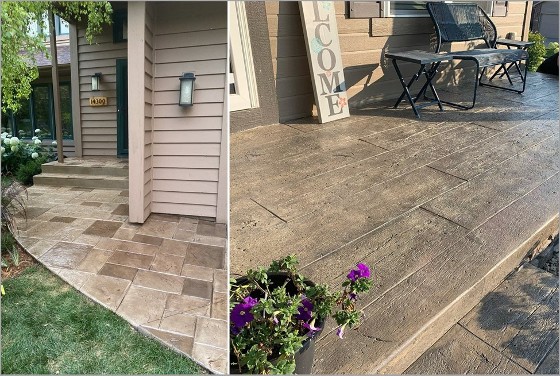 Walkway steps and front porch with brown Pebble Koat coating from Concrete Craft 