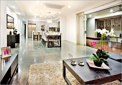 A polished concrete floor with marble tiles