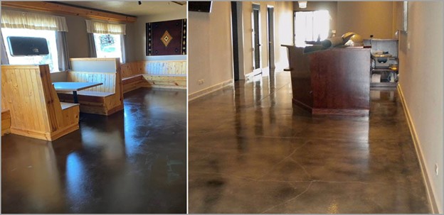 Commercial concrete flooring solutions pictured are DiamondKoat and stained concrete
