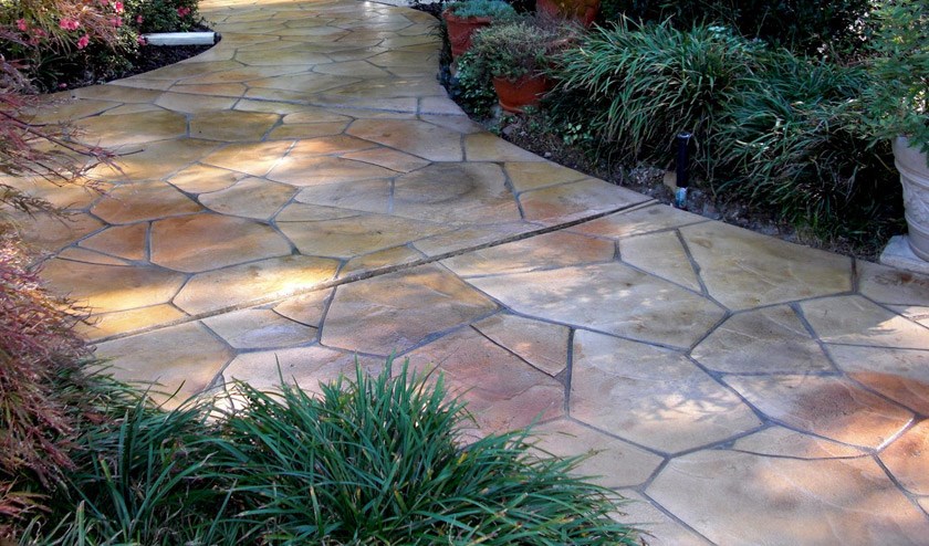 Hand-Cut and Custom-Colored Walkway Resembling Flagstone