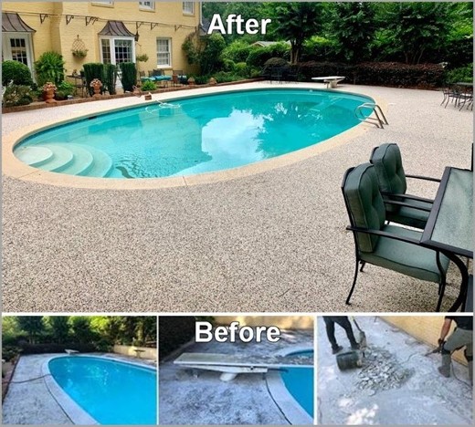 three photos of what a pool deck looked like before transformed with PebbleKoat a Concrete Craft product that creates a finish of real river rock 