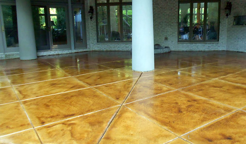 Stamped stained resurfaced commercial exterior in light brown
