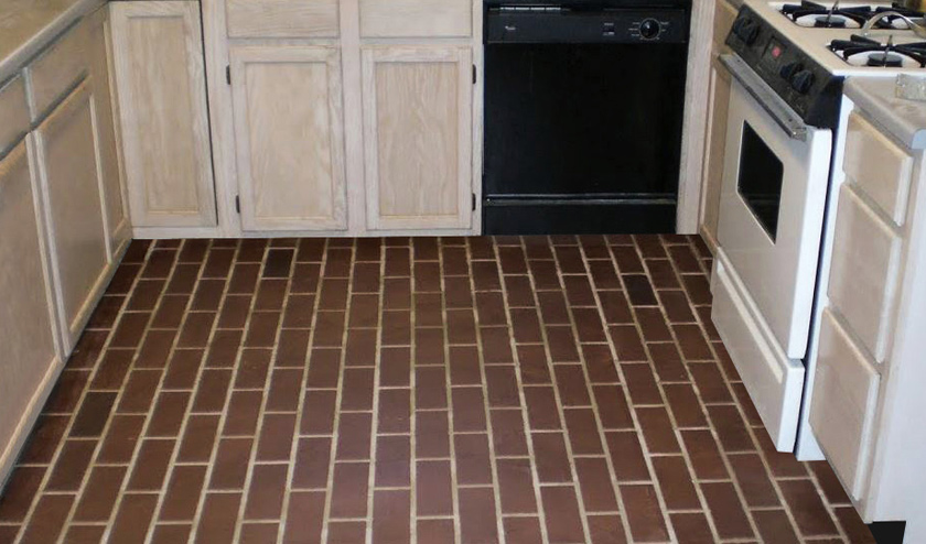 Basement and interior floors with stamped resurfaced overlay with brick